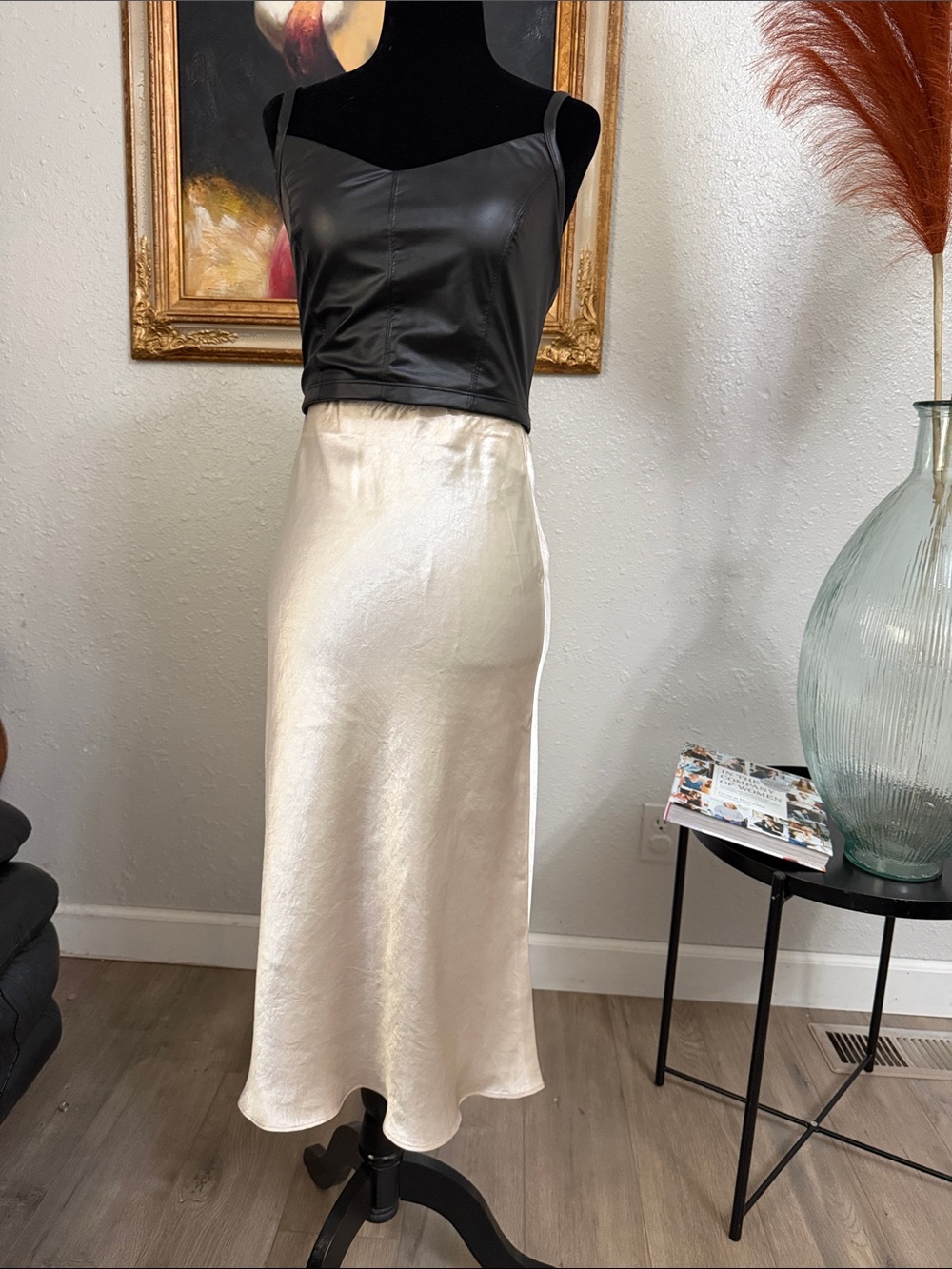 Babaton Satin Midi Slip Skirt in Pearl cream color